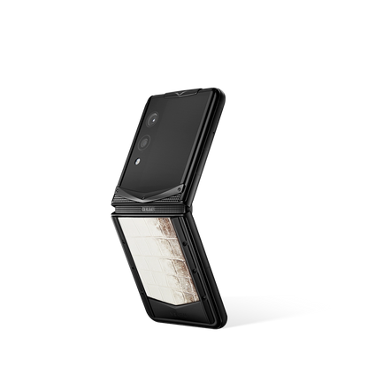 VERTU QUANTUM FLIP PHONE HIMALAYA CROCODILE ALLIGATOR SKIN with Himalaya alligator leather, back and front view