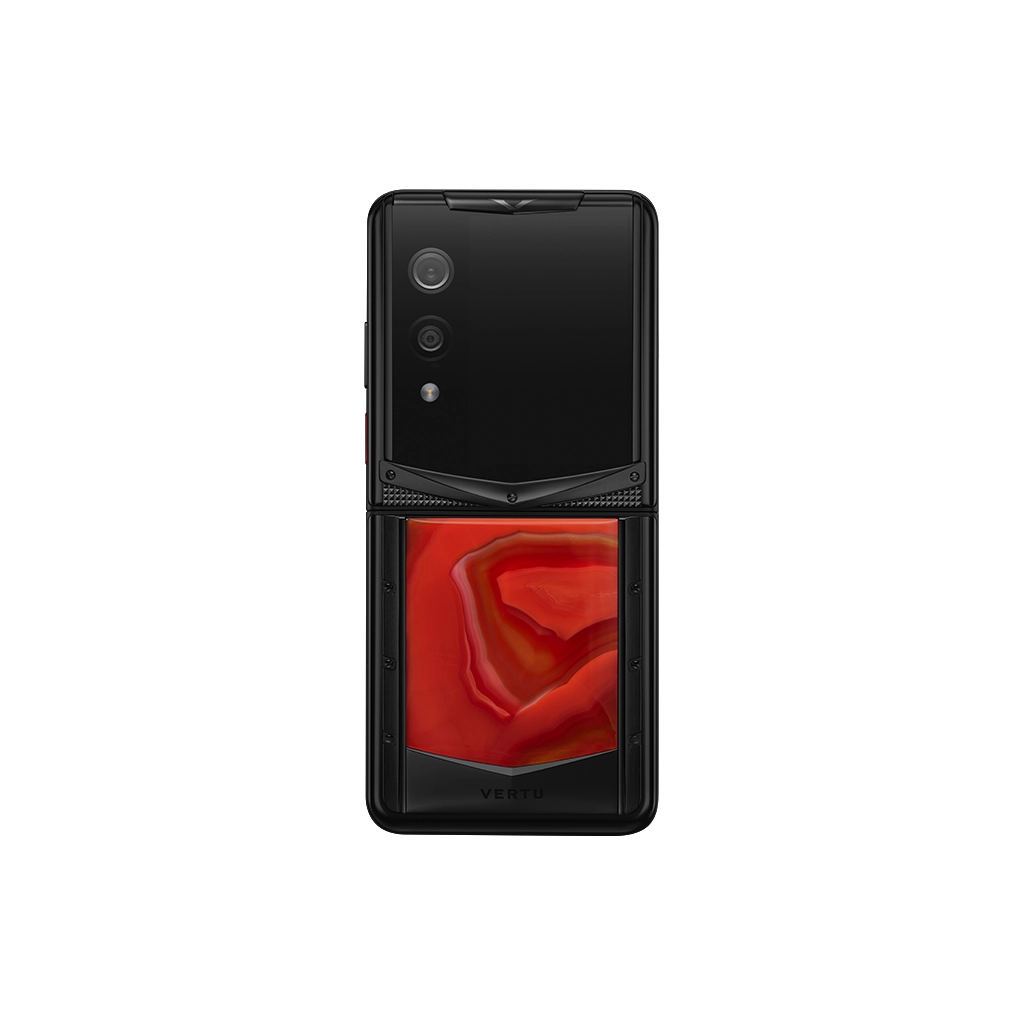 VERTU QUANTUM FLIP PHONE PHOENIX FLAME AGATE, side profile with the hinge, hand-polished agate case