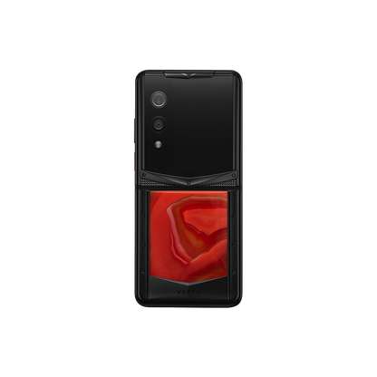 VERTU QUANTUM FLIP PHONE PHOENIX FLAME AGATE, side profile with the hinge, hand-polished agate case