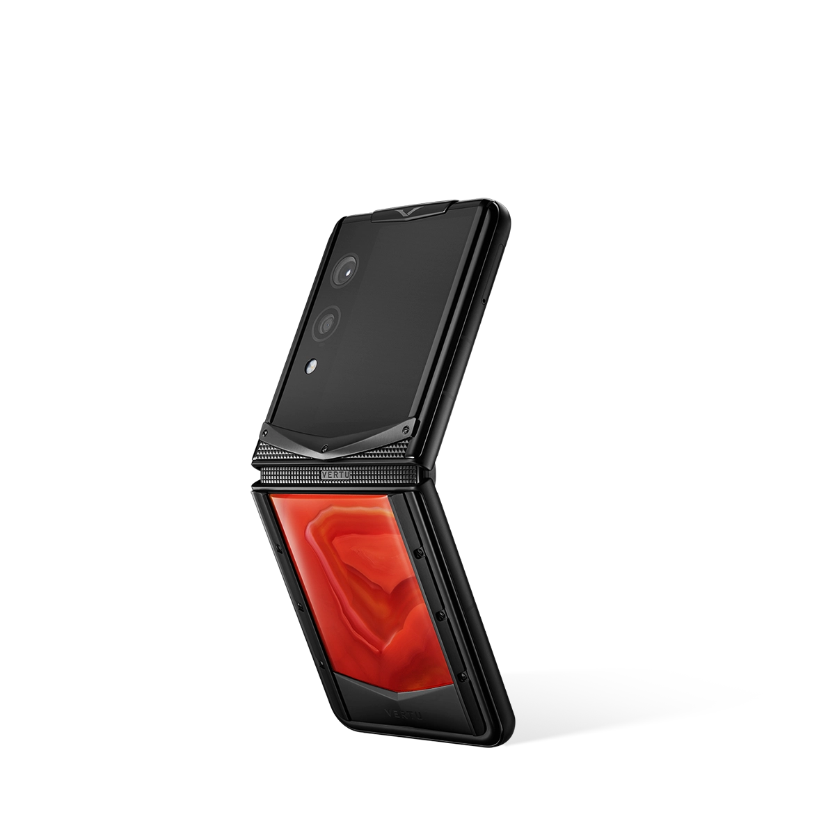 VERTU QUANTUM FLIP PHONE PHOENIX FLAME AGATE with hand-polished agate, open, showing the inner screen