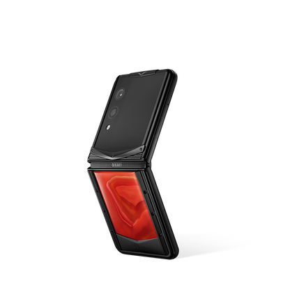 VERTU QUANTUM FLIP PHONE PHOENIX FLAME AGATE with hand-polished agate, open, showing the inner screen